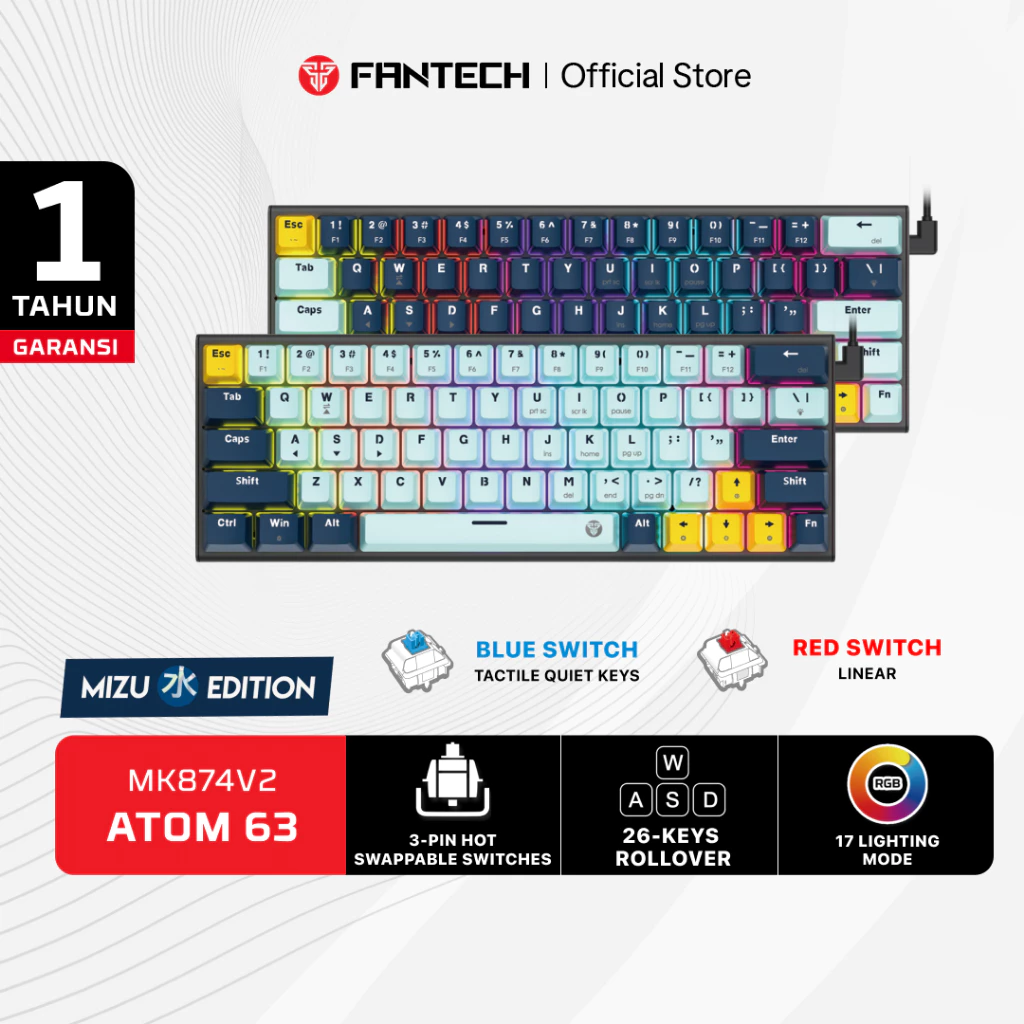 Fantech Mizu Atom 63 MK874V2 Mecanical Keyboard Blue Navy Roise