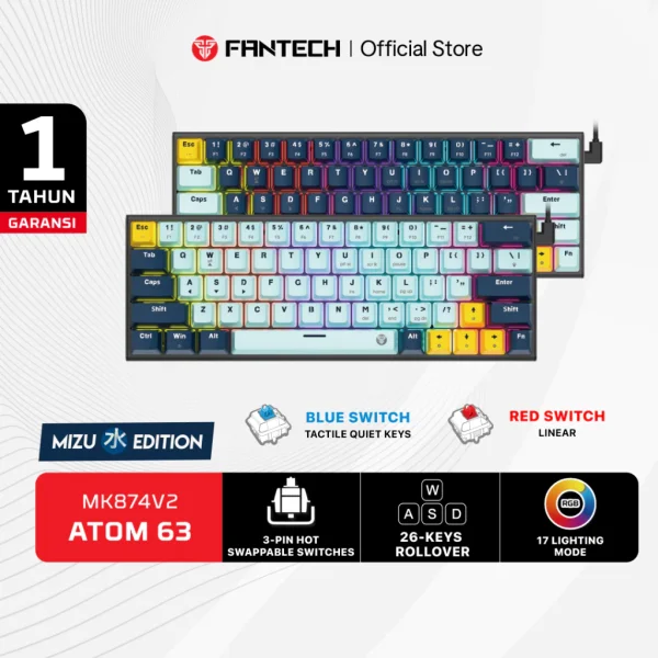 Fantech Mizu Atom 63 MK874V2 Mecanical Keyboard Blue Navy Roise